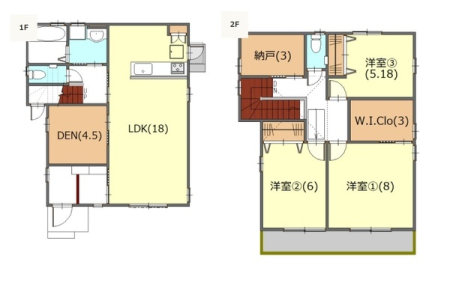 間取り図 　
3SLDK、２階建。
全居室フローリング♪
2階には3帖のウォークインクローゼット、3帖の納戸付き！