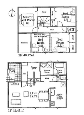 間取り図 3SLDK、2階建て！
お子様の成長に合わせて居室間取りが変更可能な便利な設計♪
洋室9帖を2つの部屋に変更可能です！
