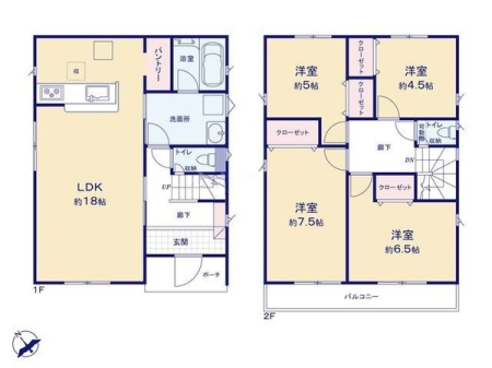 間取り図 4LDK+パントリー、２階建。
全居室収納付き。
