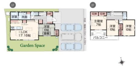 間取り図 4LDK2階建♪　駐車スペース3台！
ダウンフォール収納、食器洗浄乾燥機、カップボードなど設備充♪。