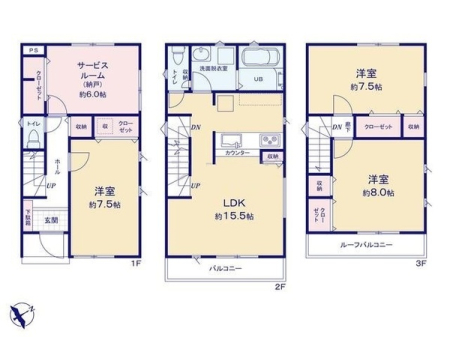 　納戸6帖がある3LDK3階建♪
全居室6帖以上の広さがあります！


