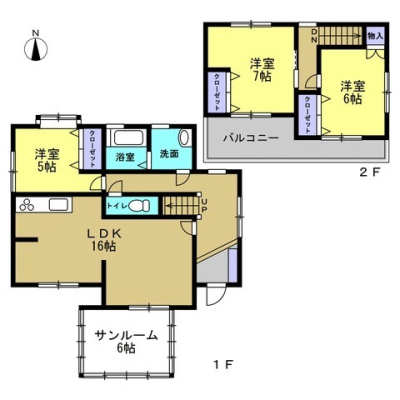 間取り図 3LDK、2階建て！サンルーム付き♪
全居室収納付き。