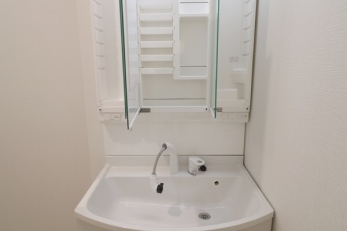 洗面台・洗面所　三面鏡の裏側は、ドライヤーや歯ブラシをしまえる収納になっています。
サッと取り出せてしまえるので誰でも整頓上手になれます。
