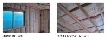  【断熱材】
床・天井・壁の隙間に、断熱材を入れることで、外部と断熱性・室内の保湿性を高め、快適な室内居住空間を保ちます。
※仕様により異なります。