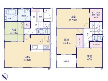 　　
4SLDK、2階建。
全居室収納つき。
お部屋を広々と使えます。